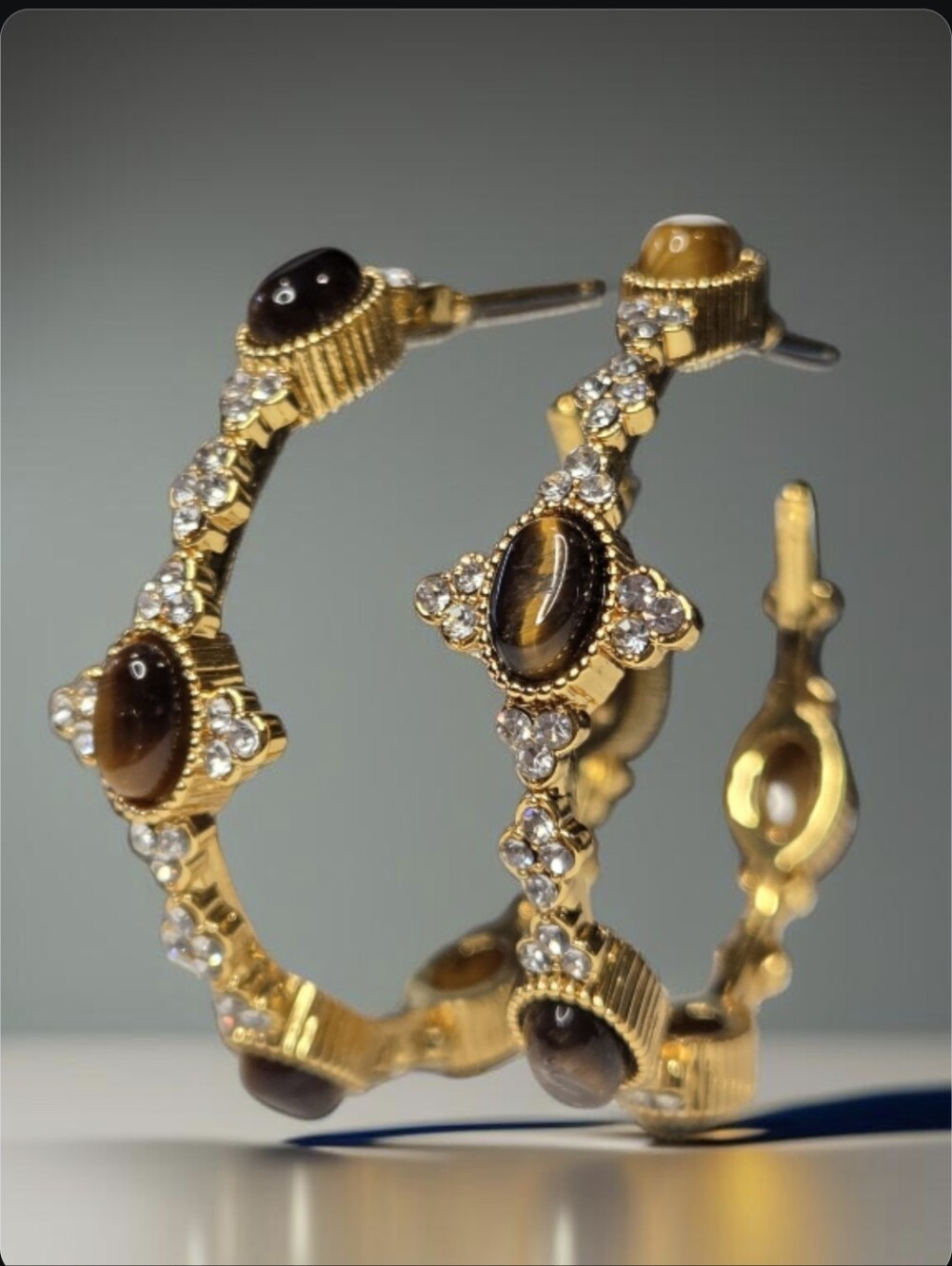 18k Gold Plated Maltese Cross Tigers Eye Jeweled Crystal Hoop Earrings